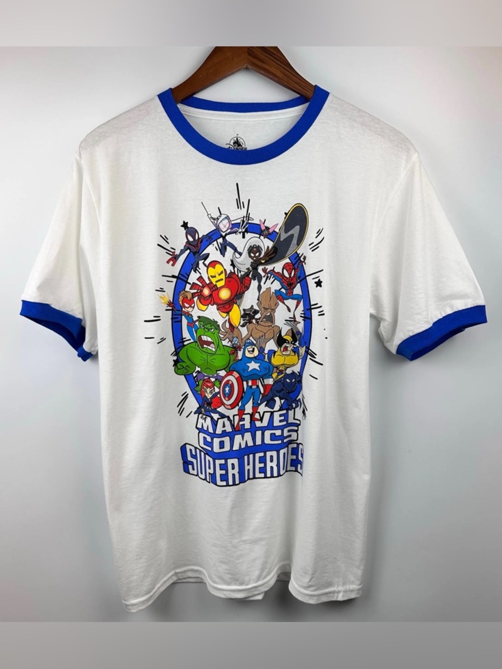 Disney Parks Marvel Super Heroes Graphic Tee Juniors Large White Ringer NWOT